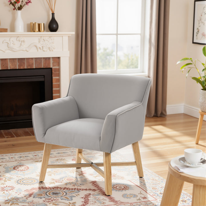 Poltrona de Sala de Estar Estofada em Veludo Poltrona Relax Moderna com Apoio para os Braços Acolchoados Pés de Madeira e Base Cruzada para Dormitório 67x65x74 cm Cinzento