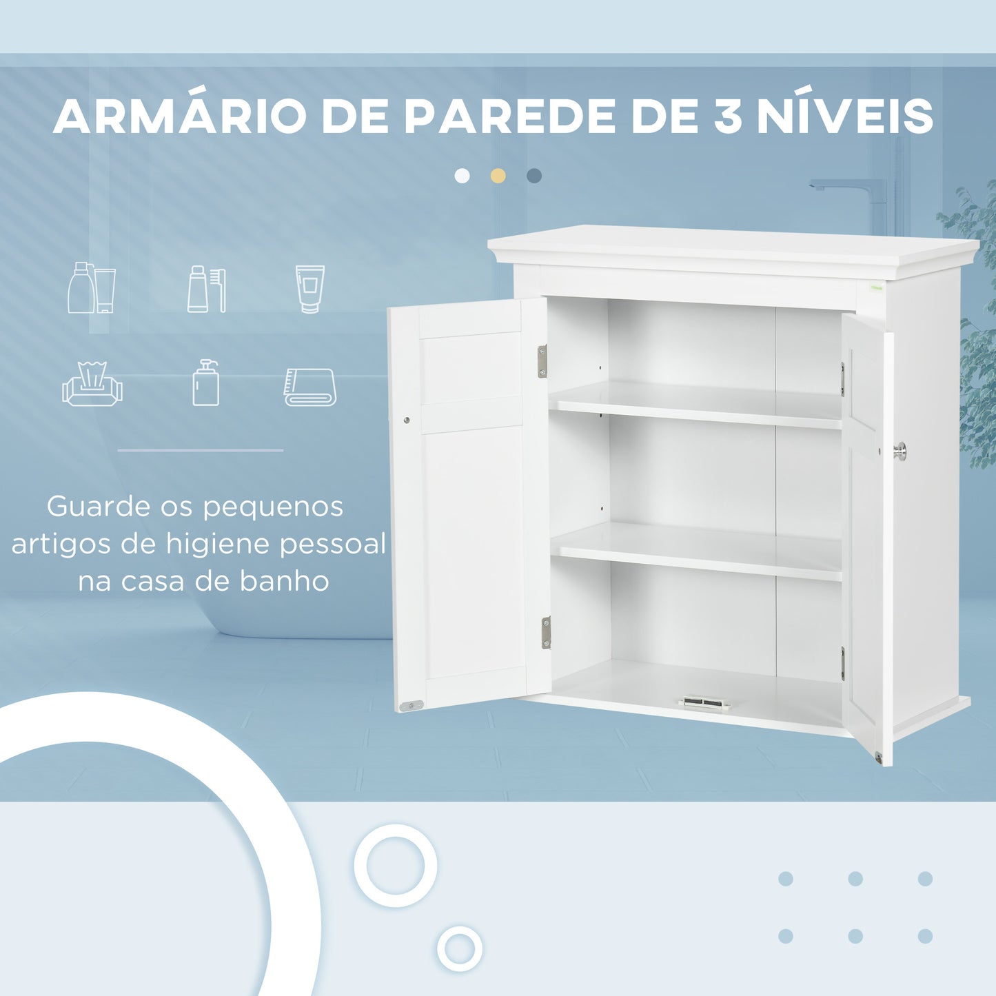 Armário Casa de banho de Parede Móvel para Casa de Banho com Prateleiras Ajustáveis e Portas com Fechadura Magnéticas Armário de Parede para Cozinha 58x24x60 cm Branco