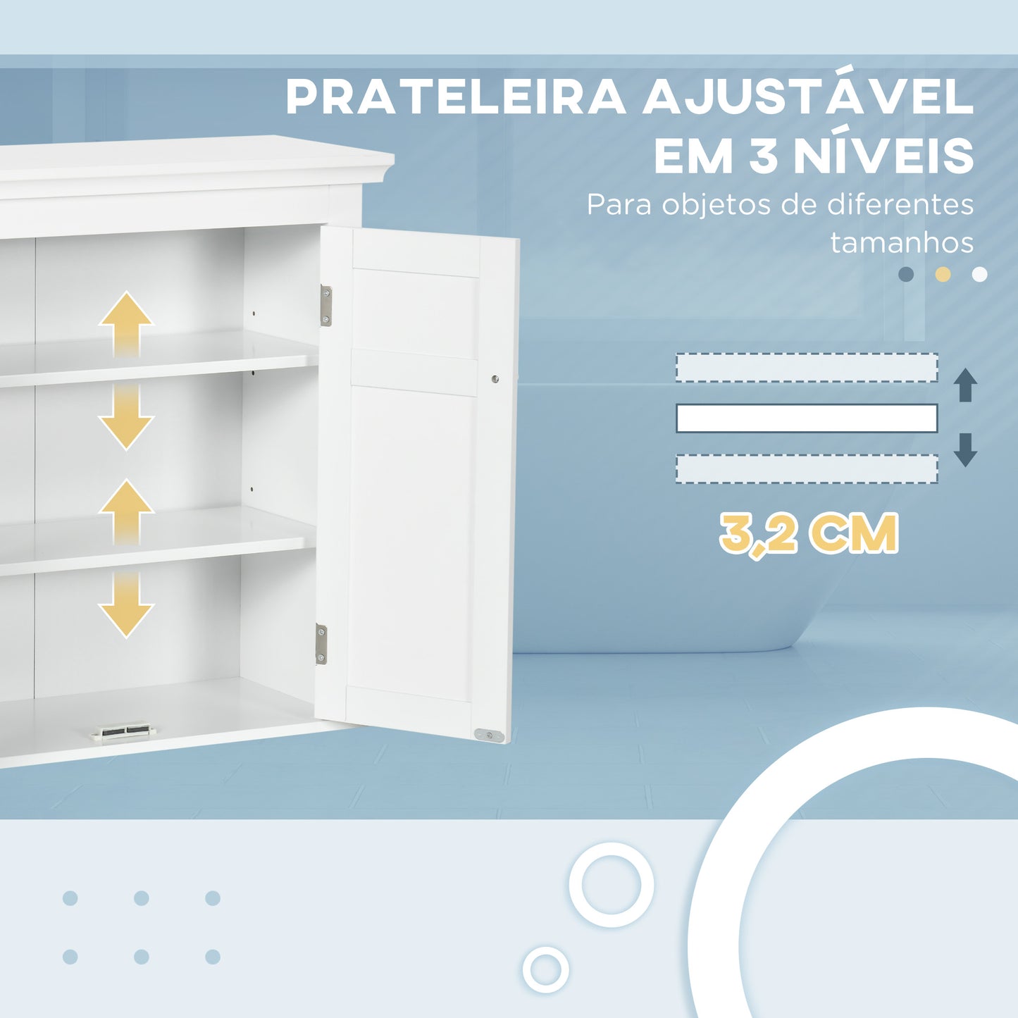 Armário Casa de banho de Parede Móvel para Casa de Banho com Prateleiras Ajustáveis e Portas com Fechadura Magnéticas Armário de Parede para Cozinha 58x24x60 cm Branco