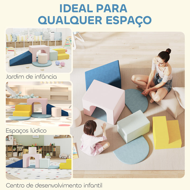 Conjunto de 8 Blocos de Espuma para Crianças Blocos de Psicomotricidade com Capas de Veludo Laváveis Conjunto de Escalada Interior para Escalar e Rastejar Multicor