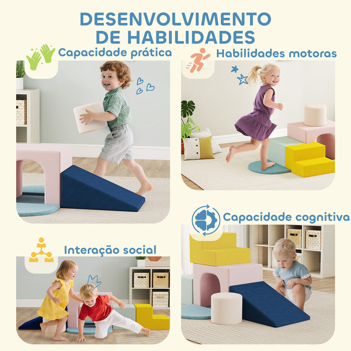 Conjunto de 8 Blocos de Espuma para Crianças Blocos de Psicomotricidade com Capas de Veludo Laváveis Conjunto de Escalada Interior para Escalar e Rastejar Multicor