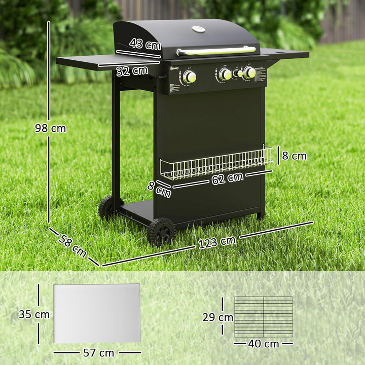 Barbecue a Gás com 3+1 Queimadores 8,5 kW Barbecue Portátil com Termómetro Mesa Lateral Grelha Recolhedor de Gordura 2 Rodas para Jardim Exterior Campismo 123x57x98 cm Preto