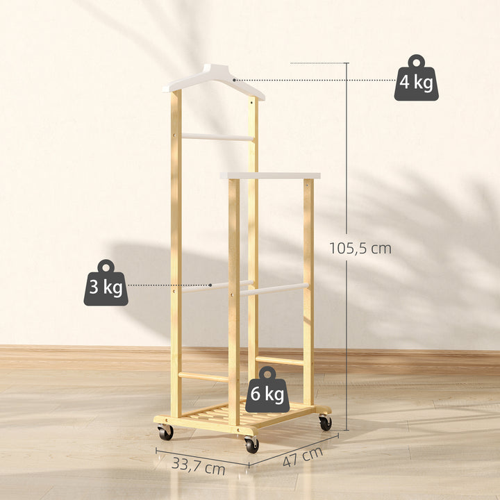 Cabide de Pé de Bambu com Rodas Cabide para Roupas com Barras para Calças e Prateleira Inferior para Sapatos Estilo Nórdico para Quarto 47x33,7x105,5 cm Madeira e Branco