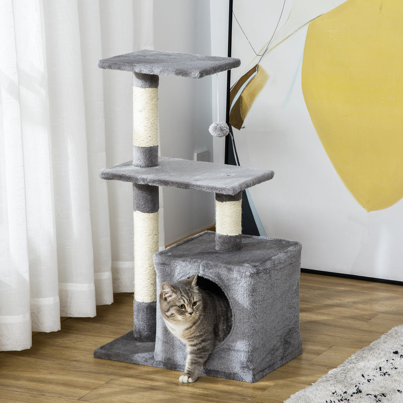 Arranhador para Gatos 50x30x81,5 cm Centro de Múltiplas Atividades para Gatos com Poste de Sisal Plataformas Caverna e Bola Suspensa Cinza