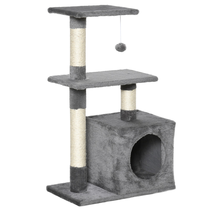 Arranhador para Gatos 50x30x81,5 cm Centro de Múltiplas Atividades para Gatos com Poste de Sisal Plataformas Caverna e Bola Suspensa Cinza