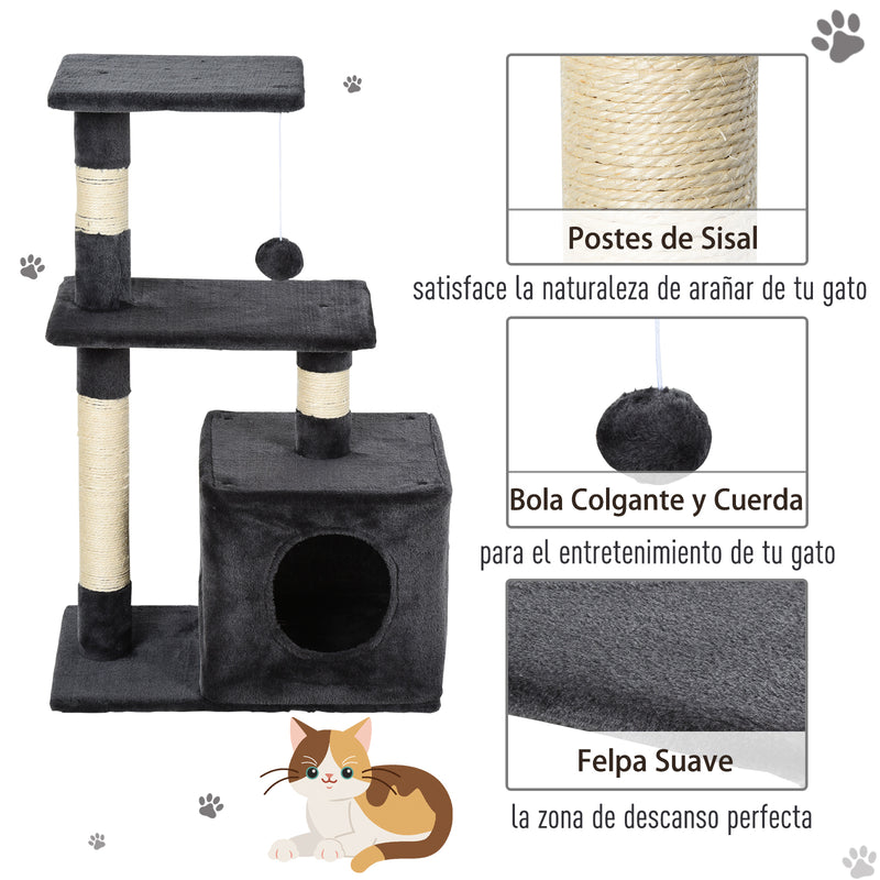 Arranhador para Gatos 50x30x81,5 cm Centro de Múltiplas Atividades para Gatos com Poste de Sisal Plataformas Caverna e Bola Suspensa Cinza