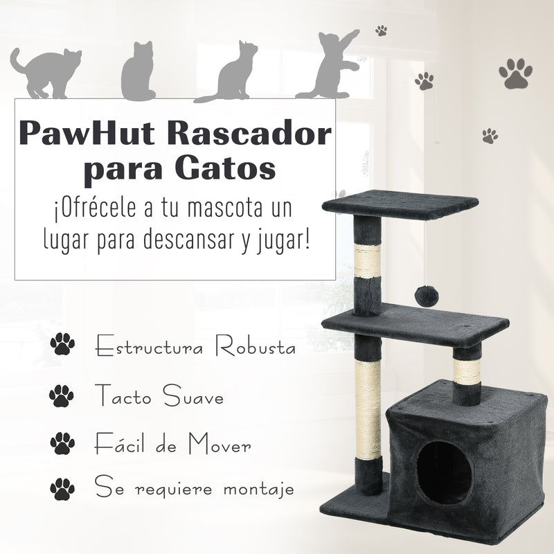 Arranhador para Gatos 50x30x81,5 cm Centro de Múltiplas Atividades para Gatos com Poste de Sisal Plataformas Caverna e Bola Suspensa Cinza