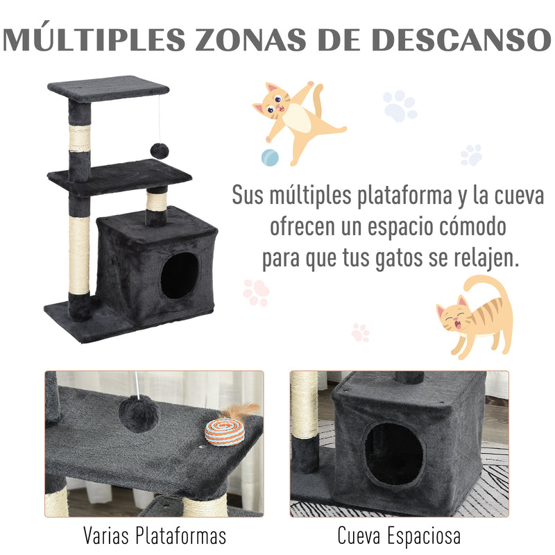 Arranhador para Gatos 50x30x81,5 cm Centro de Múltiplas Atividades para Gatos com Poste de Sisal Plataformas Caverna e Bola Suspensa Cinza