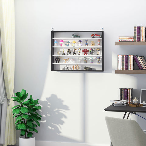 Vitrine de Parede de Madeira com Prateleiras Ajustáveis e 2 Portas Corredeiras de Vidro para Coleções Perfumes Bonecos de Decoração 80x9,5x60cm Preto