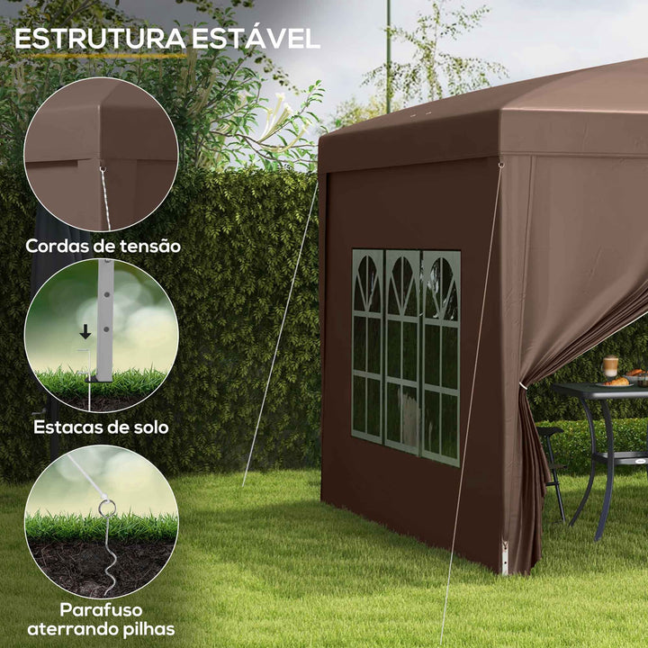 Tenda de Jardim com Paredes Laterais Amovíveis Janelas Porta com Fecho de Correr e Bolsa de Transporte 295x295x196-258 cm Café
