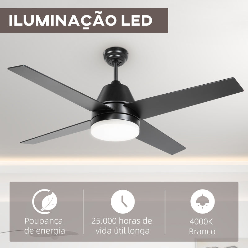 Ventoinha de Teto com Luz 46W Ø129 cm Motor DC Ventoinha de Teto Silencioso com 4 Lâminas Reversíveis Controlo Remoto 6 Velocidades e Temporizador para Quarto Sala Preto