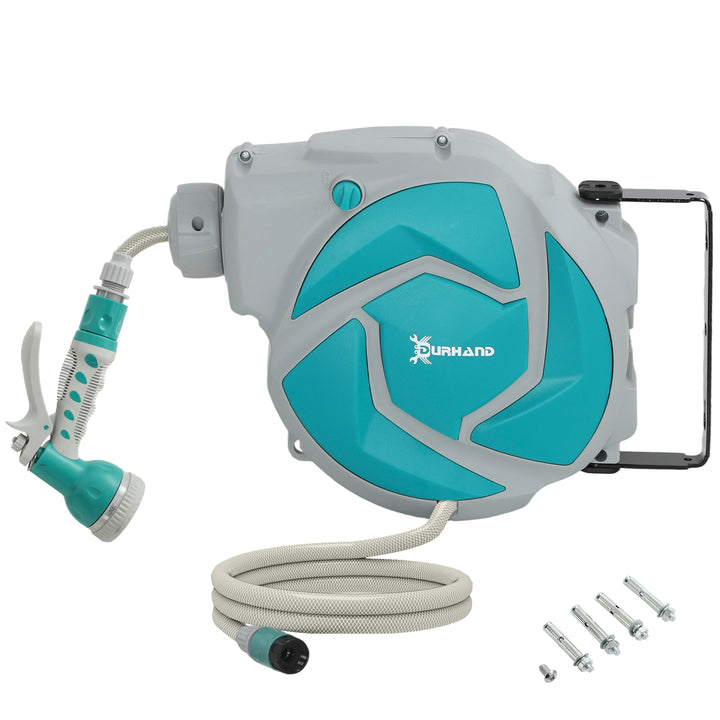 Enrolador de Mangueira para Jardim 10+1 m com Bico de 7 Funções, Enrolador de Mangueira de Parede Giratório 180°, com Enrolamento Automático, Cinzento Claro e Verde