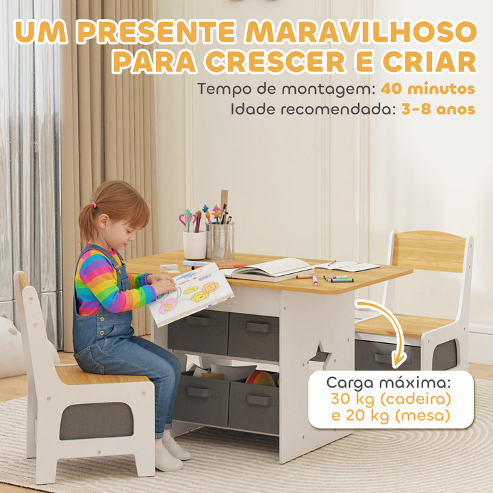 Mesa Infantil com 2 Cadeiras Mesa e Cadeiras para Crianças com 6 Gavetas de Tecido Desenho Estrelas para Meninos e Meninas de 3-8 Anos para Casa Escola Infantil Salas de Aula Madeira e Branco