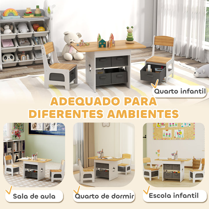 Mesa Infantil com 2 Cadeiras Mesa e Cadeiras para Crianças com 6 Gavetas de Tecido Desenho Estrelas para Meninos e Meninas de 3-8 Anos para Casa Escola Infantil Salas de Aula Madeira e Branco