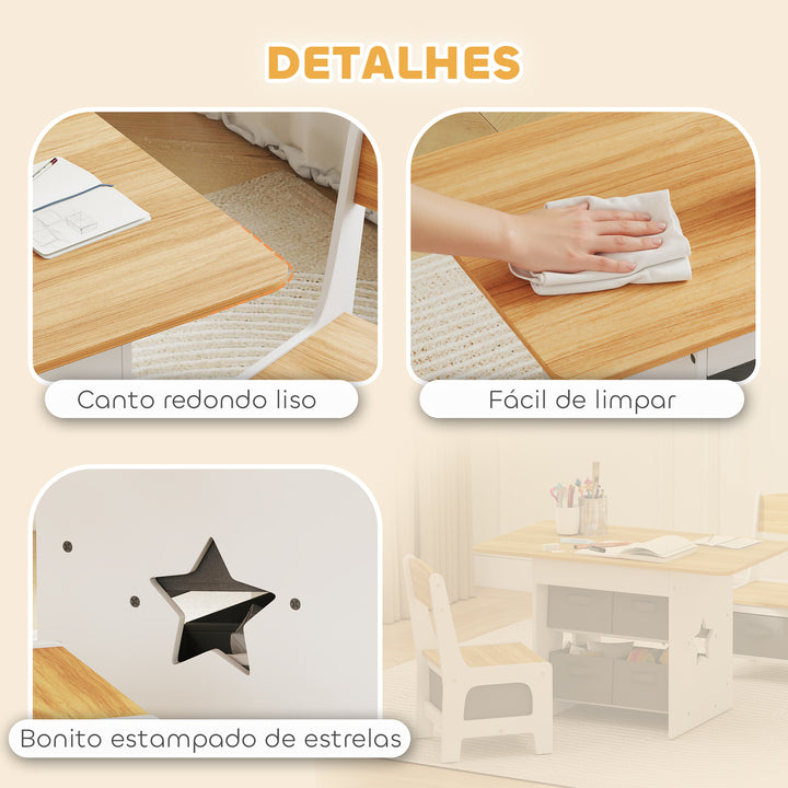 Mesa Infantil com 2 Cadeiras Mesa e Cadeiras para Crianças com 6 Gavetas de Tecido Desenho Estrelas para Meninos e Meninas de 3-8 Anos para Casa Escola Infantil Salas de Aula Madeira e Branco