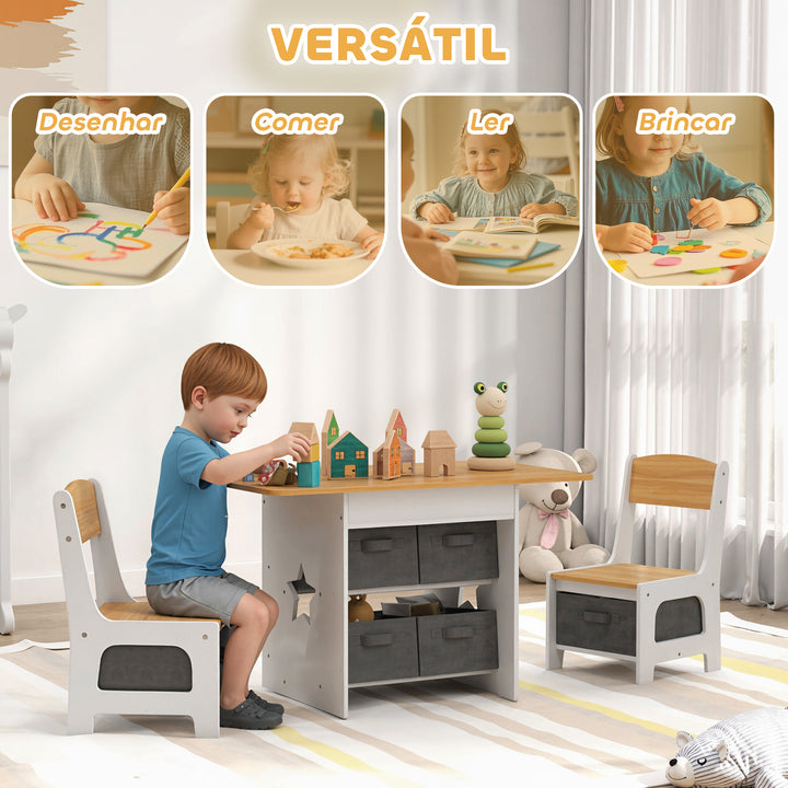 Mesa Infantil com 2 Cadeiras Mesa e Cadeiras para Crianças com 6 Gavetas de Tecido Desenho Estrelas para Meninos e Meninas de 3-8 Anos para Casa Escola Infantil Salas de Aula Madeira e Branco
