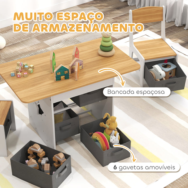 Mesa Infantil com 2 Cadeiras Mesa e Cadeiras para Crianças com 6 Gavetas de Tecido Desenho Estrelas para Meninos e Meninas de 3-8 Anos para Casa Escola Infantil Salas de Aula Madeira e Branco