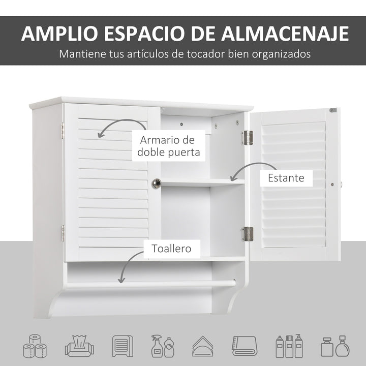 Kleanklin Armário Casa de Banho de Parede com 2 Portas de Persiana Prateleira Interior e Barra para Toalhas Móvel Auxiliar Suspenso Moderno Multiuso para Cozinha 60x23x60cm Branco