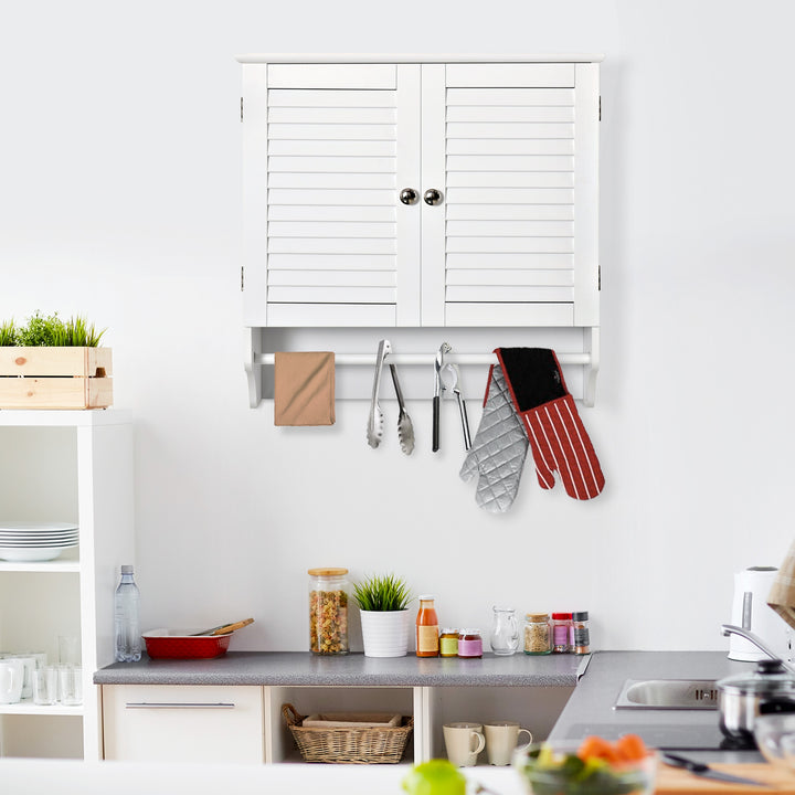 Kleanklin Armário Casa de Banho de Parede com 2 Portas de Persiana Prateleira Interior e Barra para Toalhas Móvel Auxiliar Suspenso Moderno Multiuso para Cozinha 60x23x60cm Branco