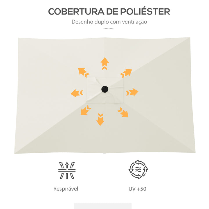 Chapéu de Sol de Jardim 290x205x248 cm Proteção UV50+ Chapéu de Sol de Alumínio Inclinável com Teto de Ventilação e Manivela para Terraço Varanda Exterior Creme