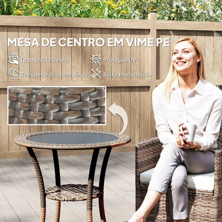 Mesa de Vime Redonda Ø64x71 cm Mesa de Jardim com Estante Estrutura de Aço e Tampo de Vidro Suporta 50 kg para Terraço Pátio Castanho