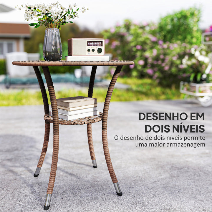 Mesa de Vime Redonda Ø64x71 cm Mesa de Jardim com Estante Estrutura de Aço e Tampo de Vidro Suporta 50 kg para Terraço Pátio Castanho