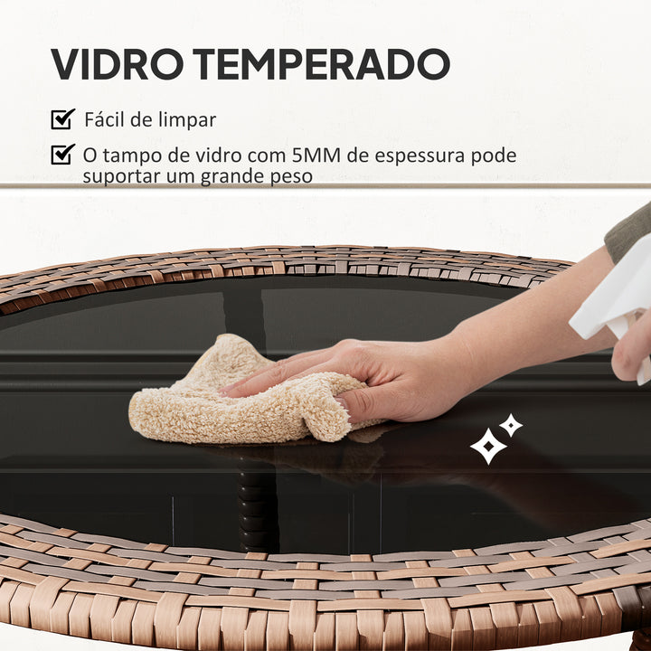 Mesa de Vime Redonda Ø64x71 cm Mesa de Jardim com Estante Estrutura de Aço e Tampo de Vidro Suporta 50 kg para Terraço Pátio Castanho