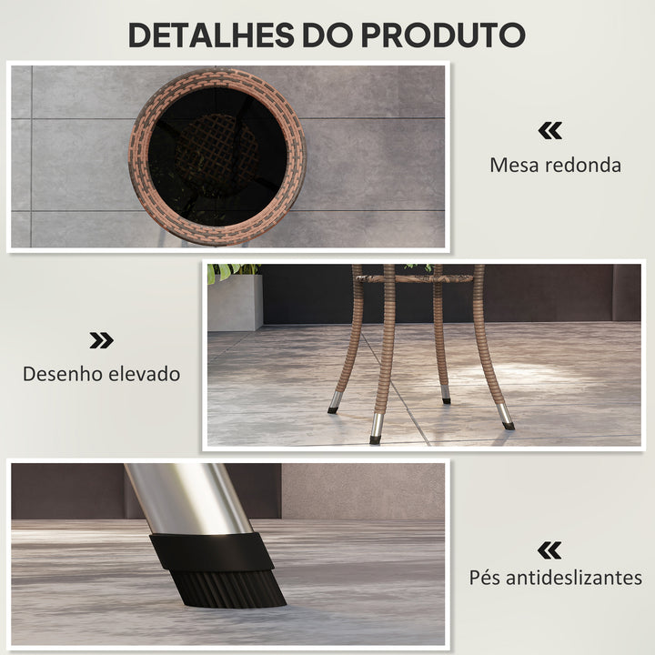 Mesa de Vime Redonda Ø64x71 cm Mesa de Jardim com Estante Estrutura de Aço e Tampo de Vidro Suporta 50 kg para Terraço Pátio Castanho