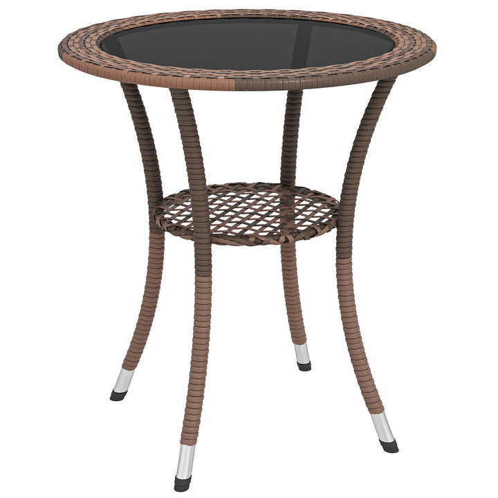 Mesa de Vime Redonda Ø64x71 cm Mesa de Jardim com Estante Estrutura de Aço e Tampo de Vidro Suporta 50 kg para Terraço Pátio Castanho