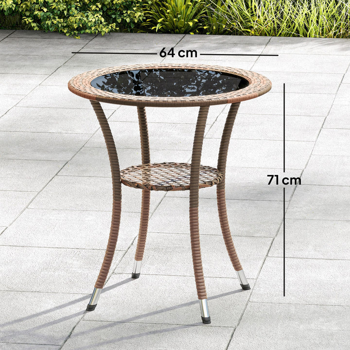 Mesa de Vime Redonda Ø64x71 cm Mesa de Jardim com Estante Estrutura de Aço e Tampo de Vidro Suporta 50 kg para Terraço Pátio Castanho
