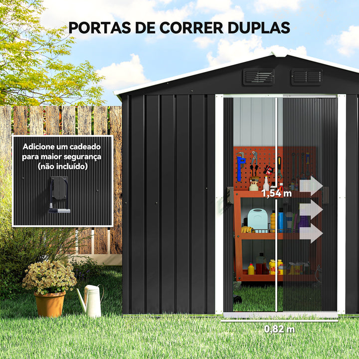 Abrigo de Jardim de 4,1 m² 236x174x190 cm Abrigo de Exterior para Armazenamento de Ferramentas com Portas de Correr e 4 Janelas de Ventilação para Pátio Cinza