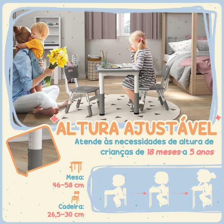 Mesa e Cadeiras para Crianças de 3 Peças com Altura Ajustável Mesa Infantil com 2 Cadeiras Fácil de Limpar para Crianças de 18 Meses a 5 Anos para Sala de Jogos Quarto Creche Branco e Cinza