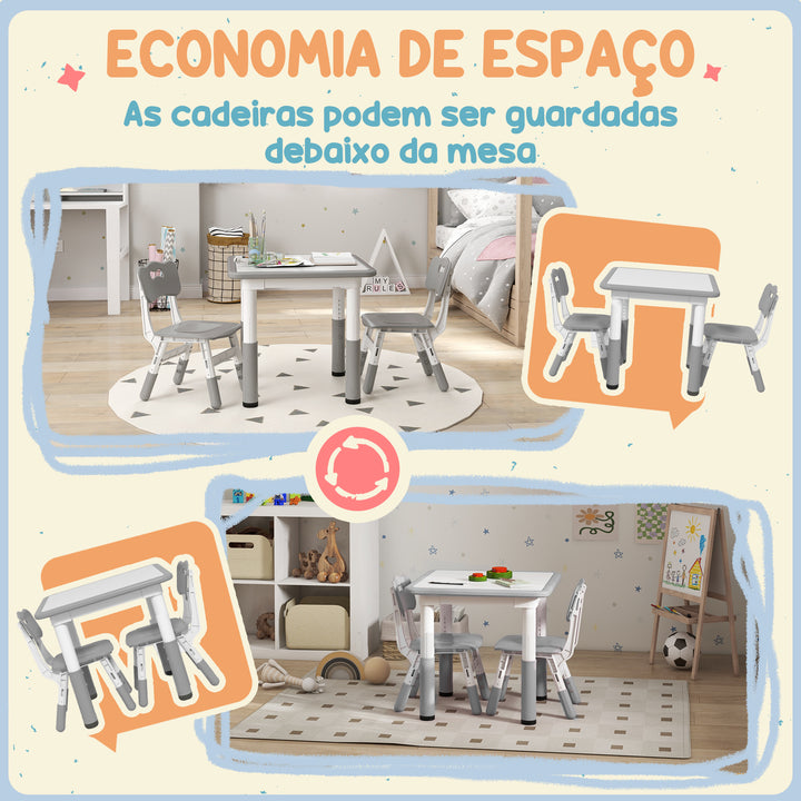 Mesa e Cadeiras para Crianças de 3 Peças com Altura Ajustável Mesa Infantil com 2 Cadeiras Fácil de Limpar para Crianças de 18 Meses a 5 Anos para Sala de Jogos Quarto Creche Branco e Cinza