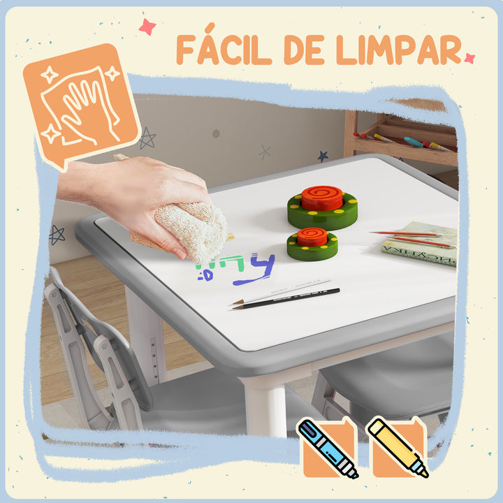 Mesa e Cadeiras para Crianças de 3 Peças com Altura Ajustável Mesa Infantil com 2 Cadeiras Fácil de Limpar para Crianças de 18 Meses a 5 Anos para Sala de Jogos Quarto Creche Branco e Cinza