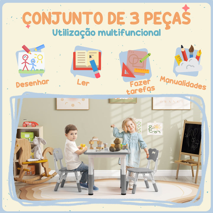Mesa e Cadeiras para Crianças de 3 Peças com Altura Ajustável Mesa Infantil com 2 Cadeiras Fácil de Limpar para Crianças de 18 Meses a 5 Anos para Sala de Jogos Quarto Creche Branco e Cinza