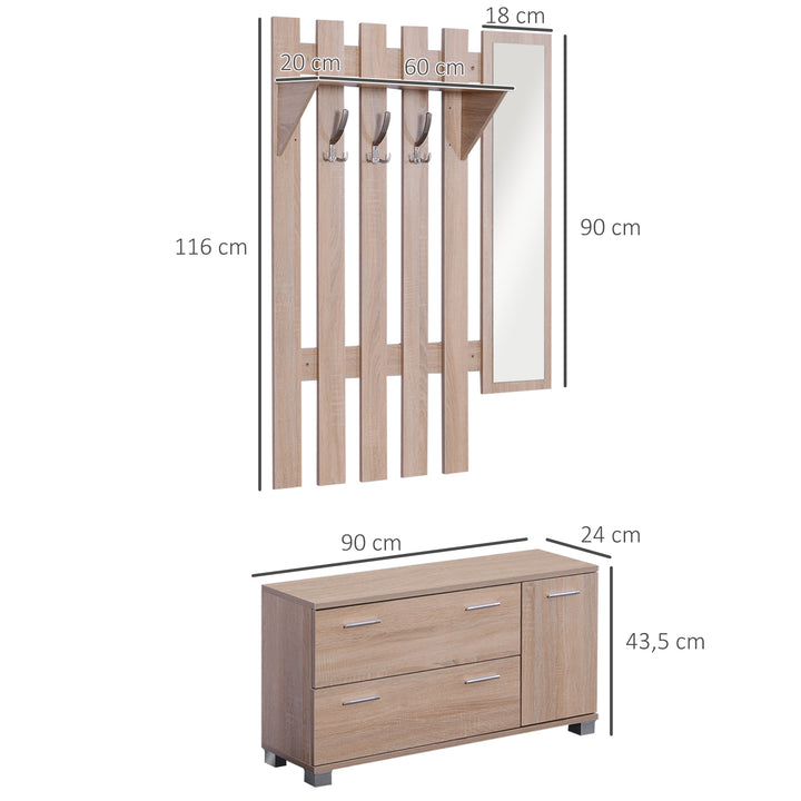 Móvel Cabide de Entrada com Espelho Ganchos e Sapateira Móvel de Entrada com 3 Ganchos Prateleira e 2 Gavetas para Corredor Carvalho