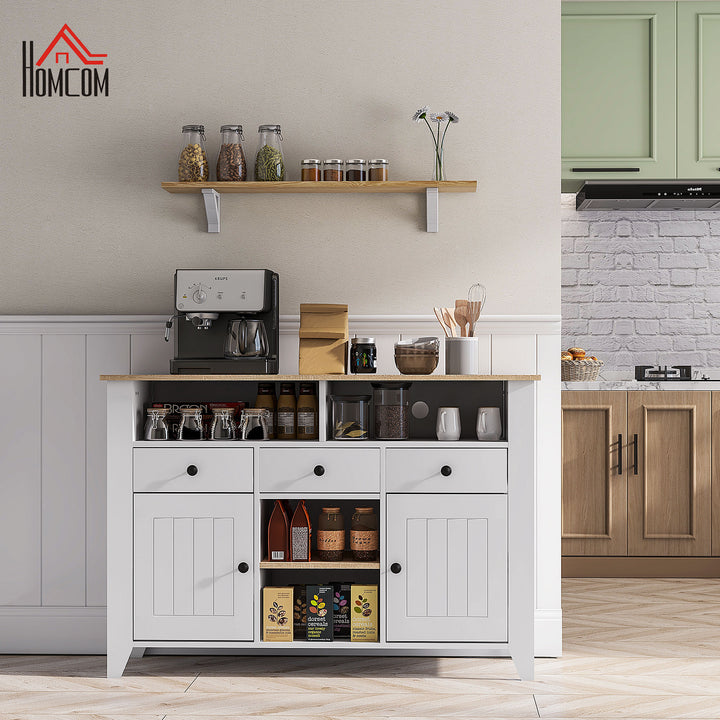 Aparador de Cozinha Mesa para Televisores de 50 Polegadas com 3 Gavetas 2 Armários 2 Prateleiras Abertas e 2 Prateleiras Ajustáveis Estilo Moderno 120x38x81,5 cm Branco