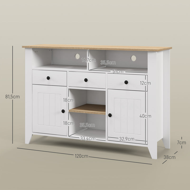 Aparador de Cozinha Mesa para Televisores de 50 Polegadas com 3 Gavetas 2 Armários 2 Prateleiras Abertas e 2 Prateleiras Ajustáveis Estilo Moderno 120x38x81,5 cm Branco