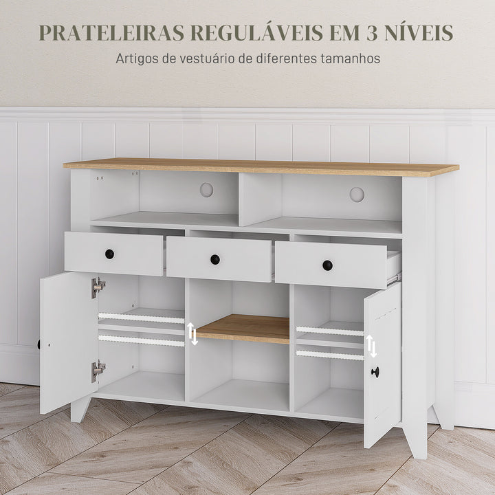 Aparador de Cozinha Mesa para Televisores de 50 Polegadas com 3 Gavetas 2 Armários 2 Prateleiras Abertas e 2 Prateleiras Ajustáveis Estilo Moderno 120x38x81,5 cm Branco