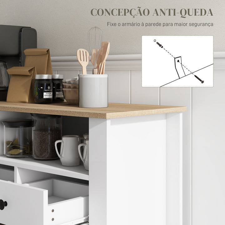 Aparador de Cozinha Mesa para Televisores de 50 Polegadas com 3 Gavetas 2 Armários 2 Prateleiras Abertas e 2 Prateleiras Ajustáveis Estilo Moderno 120x38x81,5 cm Branco