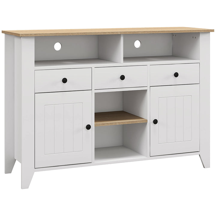 Aparador de Cozinha Mesa para Televisores de 50 Polegadas com 3 Gavetas 2 Armários 2 Prateleiras Abertas e 2 Prateleiras Ajustáveis Estilo Moderno 120x38x81,5 cm Branco