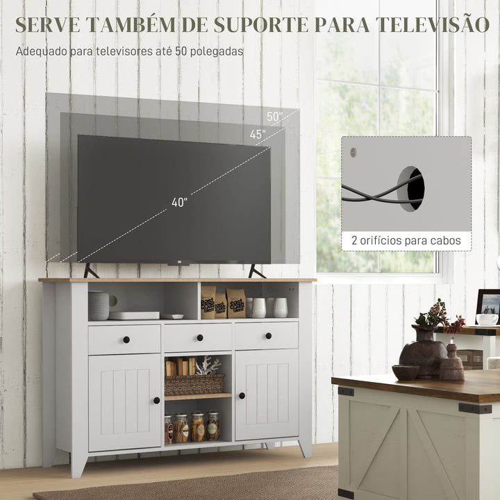 Aparador de Cozinha Mesa para Televisores de 50 Polegadas com 3 Gavetas 2 Armários 2 Prateleiras Abertas e 2 Prateleiras Ajustáveis Estilo Moderno 120x38x81,5 cm Branco