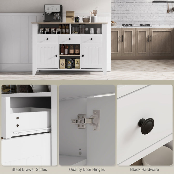 Aparador de Cozinha Mesa para Televisores de 50 Polegadas com 3 Gavetas 2 Armários 2 Prateleiras Abertas e 2 Prateleiras Ajustáveis Estilo Moderno 120x38x81,5 cm Branco