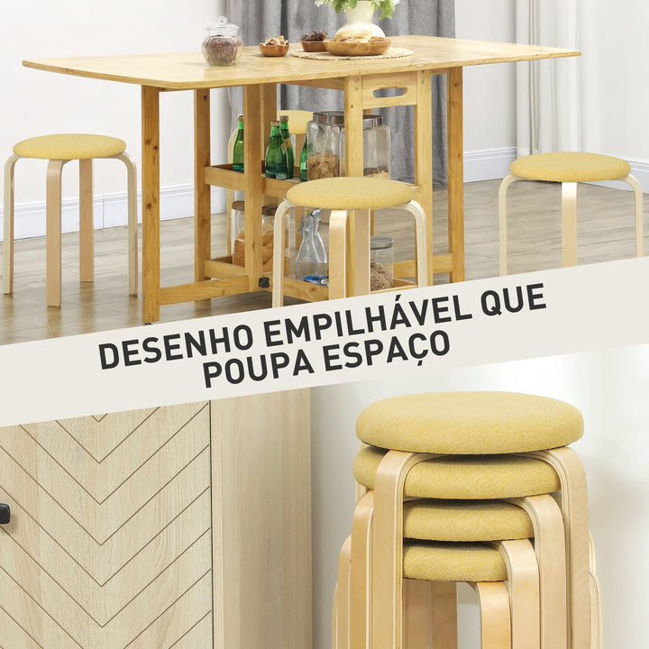 Conjunto de 4 Bancos Empilháveis Redondos Bancos Baixos de Cozinha com Assento Acolchoado para Sala de Jantar Quarto Escritório Sala Amarelo e Madeira