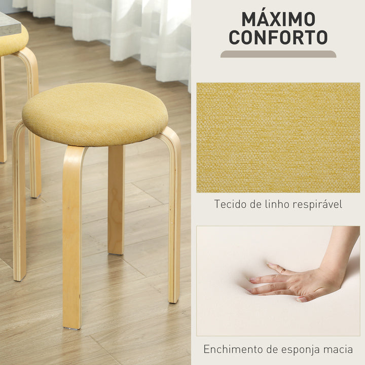 Conjunto de 4 Bancos Empilháveis Redondos Bancos Baixos de Cozinha com Assento Acolchoado para Sala de Jantar Quarto Escritório Sala Amarelo e Madeira