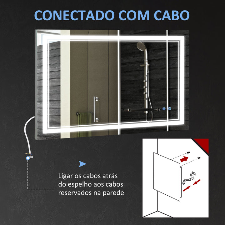 Espelho Casa de Banho com Luz LED 100x60cm Espelho de Parede com Interruptor Tátil 3 Luzes Ajustáveis Função de Memória e Estrutura de Alumínio Espelho Suspenso em 2 Formas Prata
