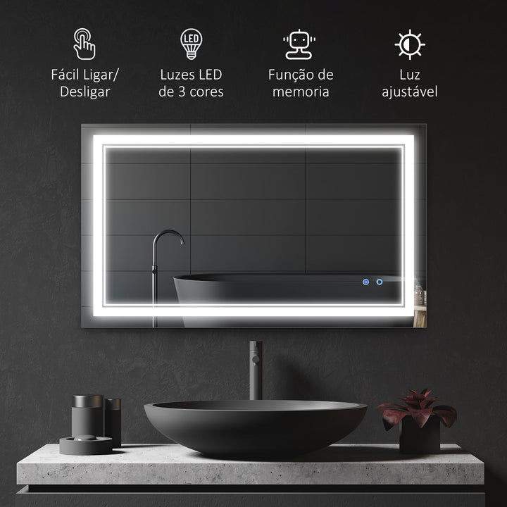 Espelho Casa de Banho com Luz LED 100x60cm Espelho de Parede com Interruptor Tátil 3 Luzes Ajustáveis Função de Memória e Estrutura de Alumínio Espelho Suspenso em 2 Formas Prata