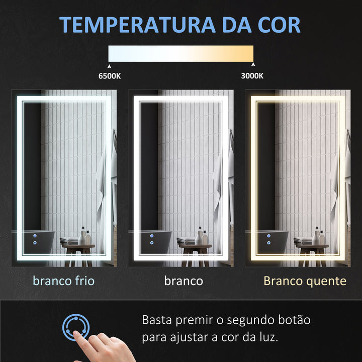 Espelho Casa de Banho com Luz LED 100x60cm Espelho de Parede com Interruptor Tátil 3 Luzes Ajustáveis Função de Memória e Estrutura de Alumínio Espelho Suspenso em 2 Formas Prata