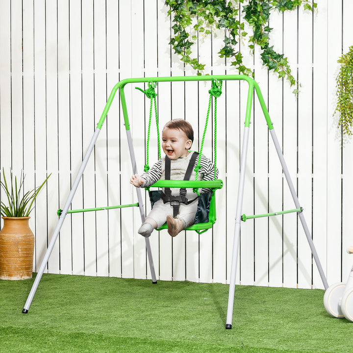 Baloiço Infantil de Aço Baloiço para Crianças de 6-36 Meses com Encosto Alto e Arnês de Segurança para Interior e Exterior Carga Máxima 25 kg 122x146x122 cm Verde