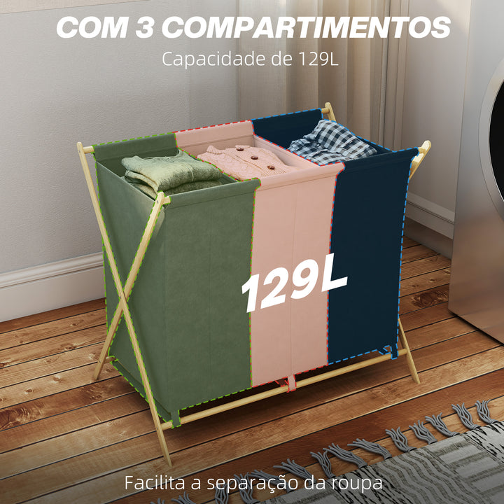 Cesto para Roupa Suja Dobrável com 3 Compartimentos Capacidade de 129L Cesto para a Lavandaria com Estrutura em Forma de X de Bambu e Sacos Removíveis 75x48x67 cm Multicolor